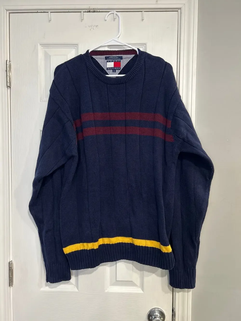 Vintage 90s Tommy Hilfiger Striped Knit Sweater Mens Large Navy Yellow